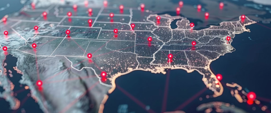 A 3D-rendered map of the United States, dotted with red location pins across various cities, showcases topographical details and a network of glowing lines suggesting connections.