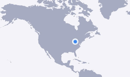 Un mapa de Norteamérica con un punto azul marcando una ubicación específica en Martinsville, Virginia.