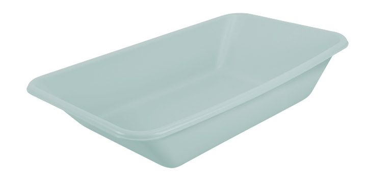 An image showing only the tub of a wheelbarrow on a white background. The tub is a light teal color.
