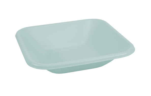 A light blue, rectangular mortar pan with slightly curved edges and a smooth surface.