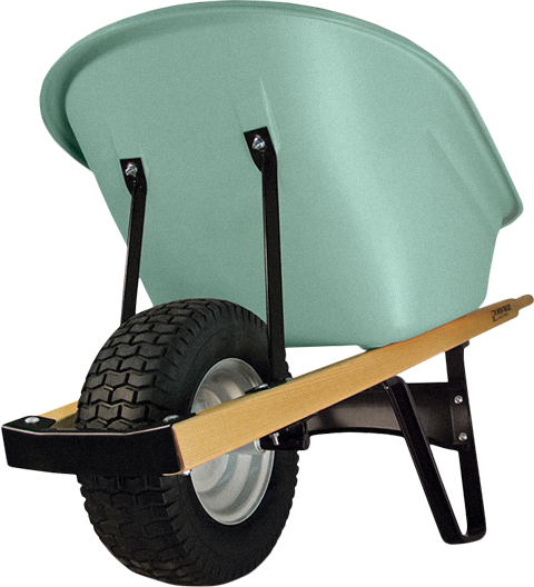 A green wheelbarrow with thich, sturdy wheels on a transparent background
